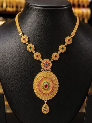 Women's Gold-Plated Traditional Necklace with Ruby & Emerald Stones