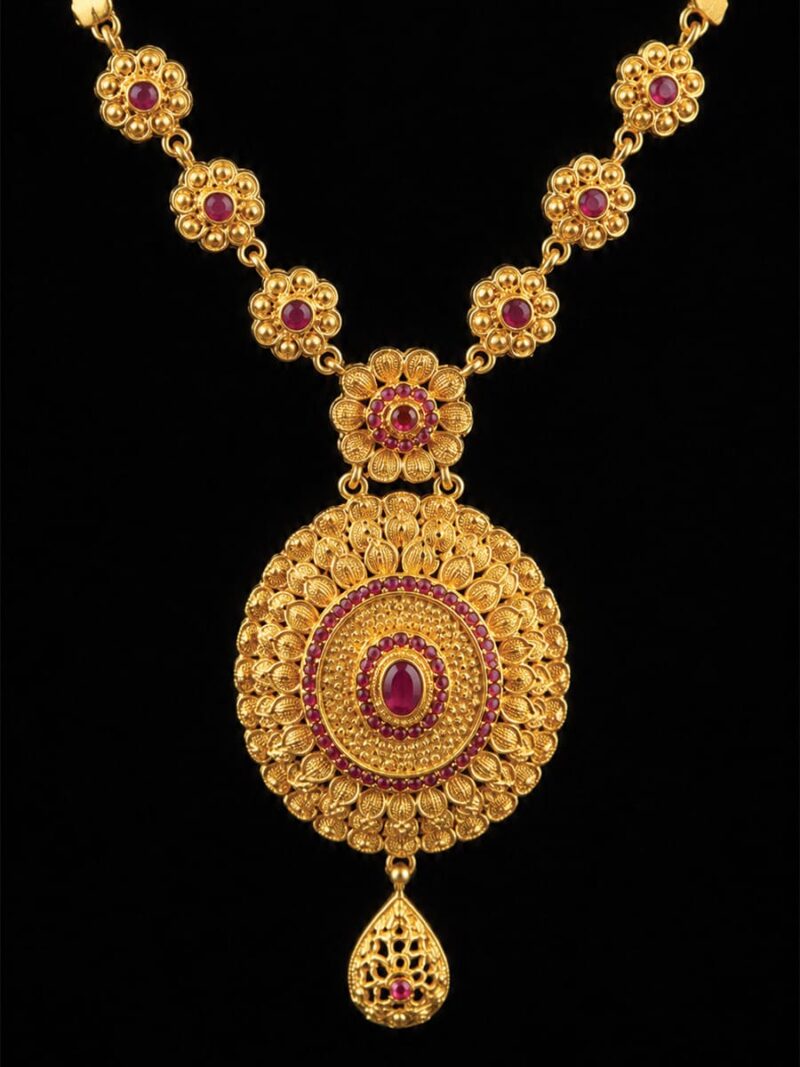 Women's Gold-Plated Traditional Necklace with Ruby & Emerald Stones