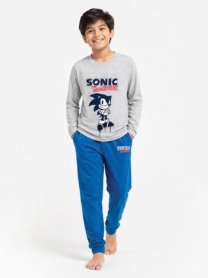 Boys Cotton Printed Pyjama Set - Grey & Blue