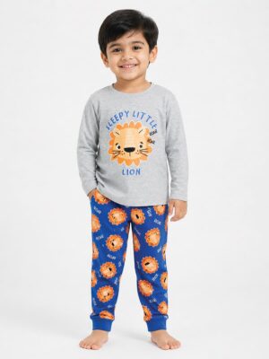 Boys Cotton Printed Pyjama Set - Grey & Blue