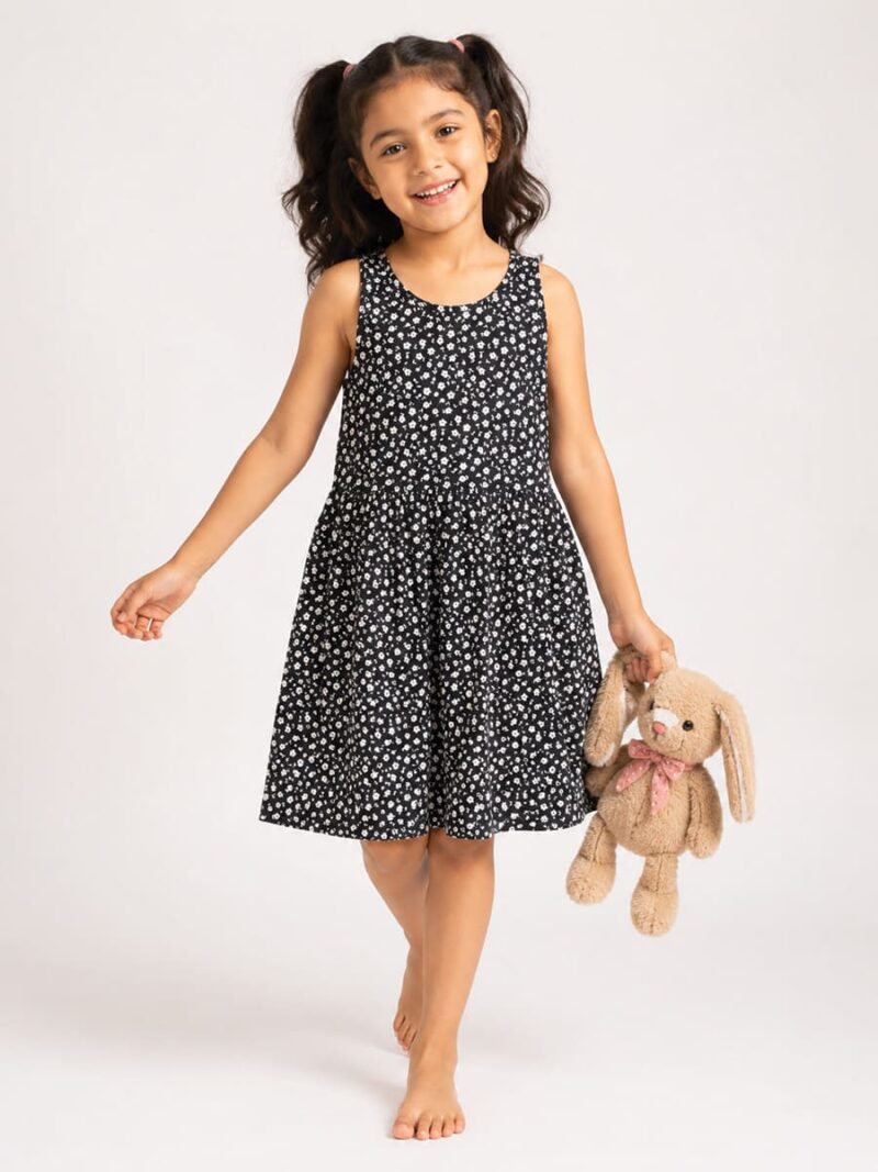 KG-FR-339-04-BK-6-8Y-f Girls Cotton Fit & Flare Frock - Black