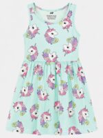 KG-FR-340-03-SG-4-6Y-b. Girls Cotton Fit & Flare Unicorn Print Frock - Seafoam Green