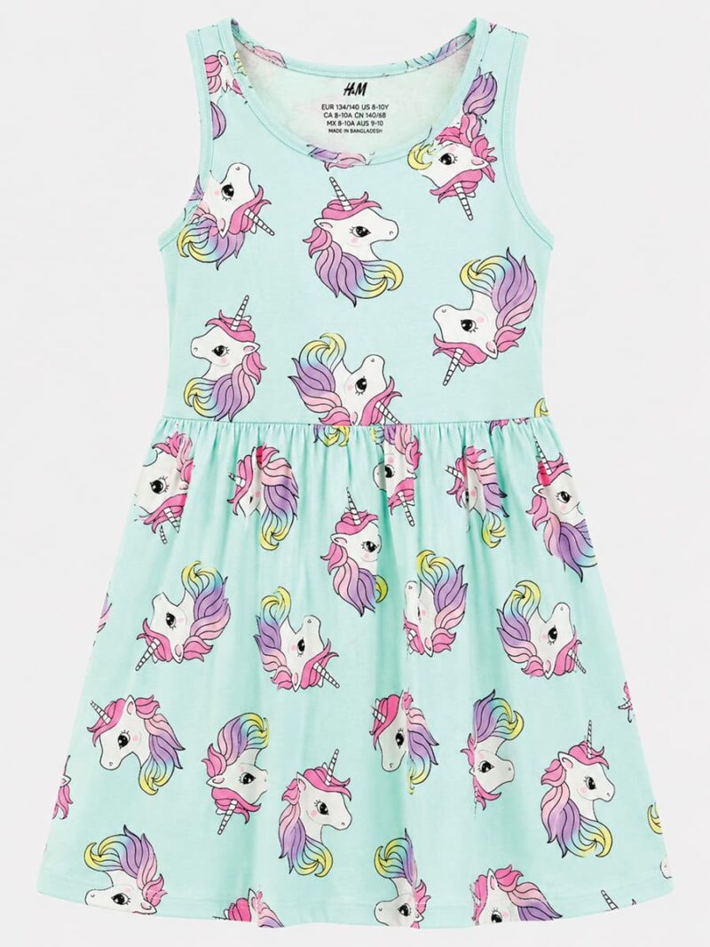 Girls Cotton Fit & Flare Unicorn Print Frock - Seafoam Green
