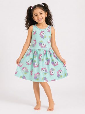 Girls Cotton Fit & Flare Unicorn Print Frock - Seafoam Green