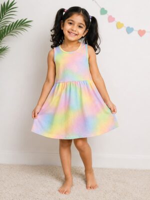 Girls Cotton Tie-Dye Sleeveless Frock -Multicolour