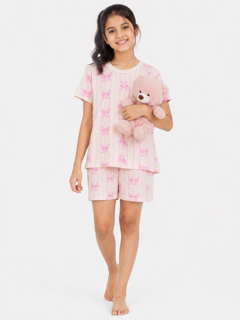 KG-NS-361-04-PK-11-12Y-f Girls Cotton Printed Short Nightwear Set - Pink