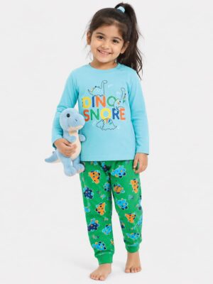 Girls Cotton Printed Pyjama Set -Blue & Green