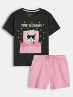 KG-NS-365-04-BK-PK-7-8Y-b.. Girls Cotton Printed Short Nightwear Set - Black and pink