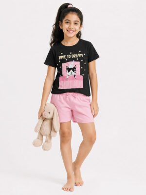Girls Cotton Printed Short Nightwear Set - Black and pink