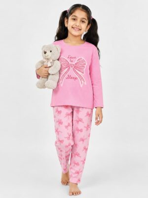 Girls Cotton Printed Pyjama Set - Pink