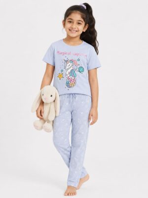 Girls Cotton Printed Pyjama Set - Blue