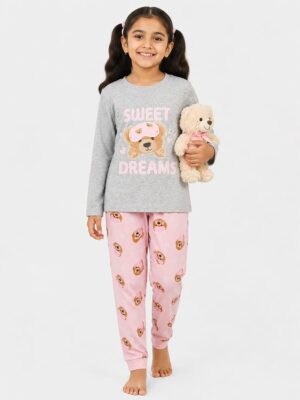 Girls Cotton Printed Pyjama Set - Grey & Pink