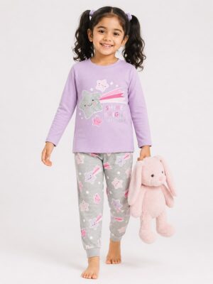 Girls Cotton Printed Pyjama Set -Mauve & Grey