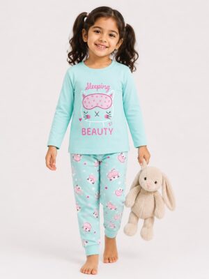 Girls Cotton Printed Pyjama Set -Seafoam Green