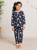 KG-PY-367-03-NB-5-6Y-f Girls Cotton Unicorn Print Pyjama Set -Navy Blue