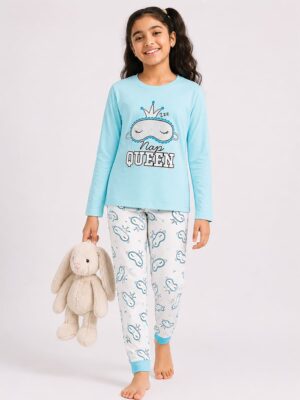 Girls Cotton Printed Pyjama Set -Sky Blue