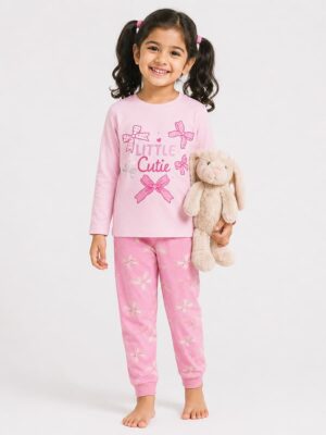 Girls Cotton Printed Pyjama Set -Peach