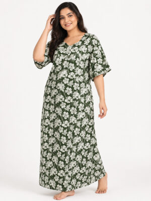 Women’s Cotton Plus-Size Zip Nighty - Olive Green