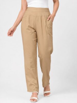 Women's Cotton Blend Casual Pants with Pockets - Cream