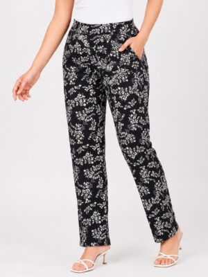 Women's Viscose Floral Print Slim Fit Pant - Black
