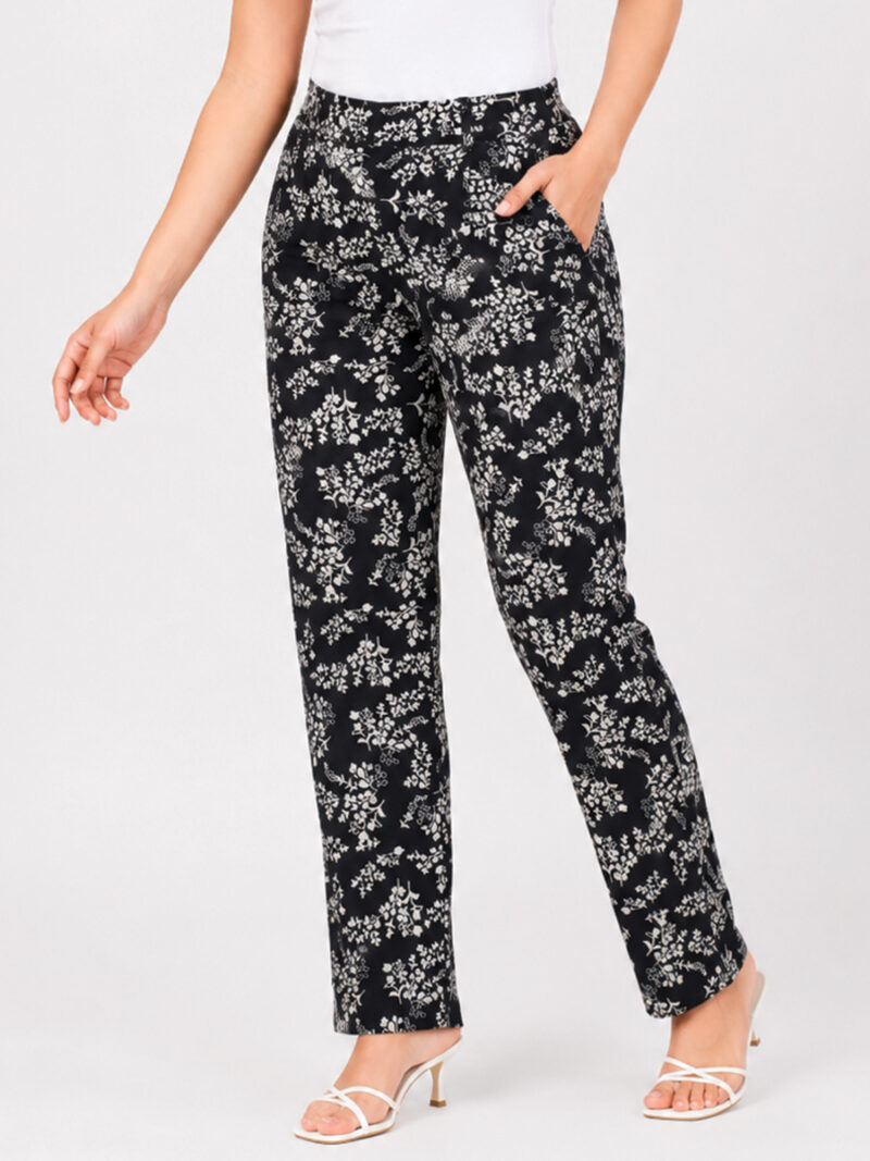 W-PN-375-01-BK-XXL-F Women's Viscose Floral Print Slim Fit Pant - Black