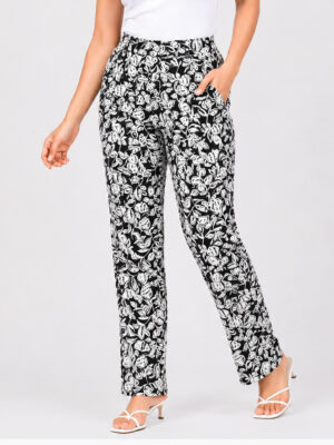 Women's Viscose Floral Print Slim Fit Pant - Black & White
