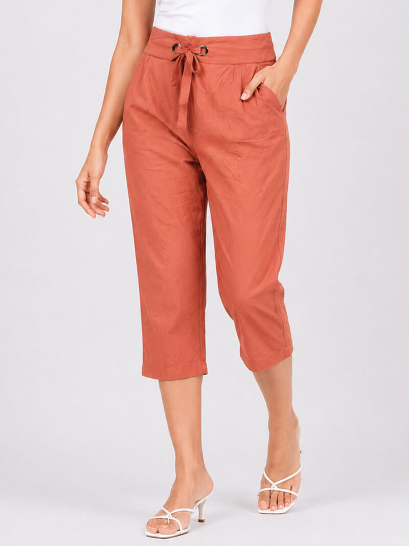 W-PN-376-01-TC-M-F Women's Cotton Blend Tie-Waist Capri Pant - Terracotta
