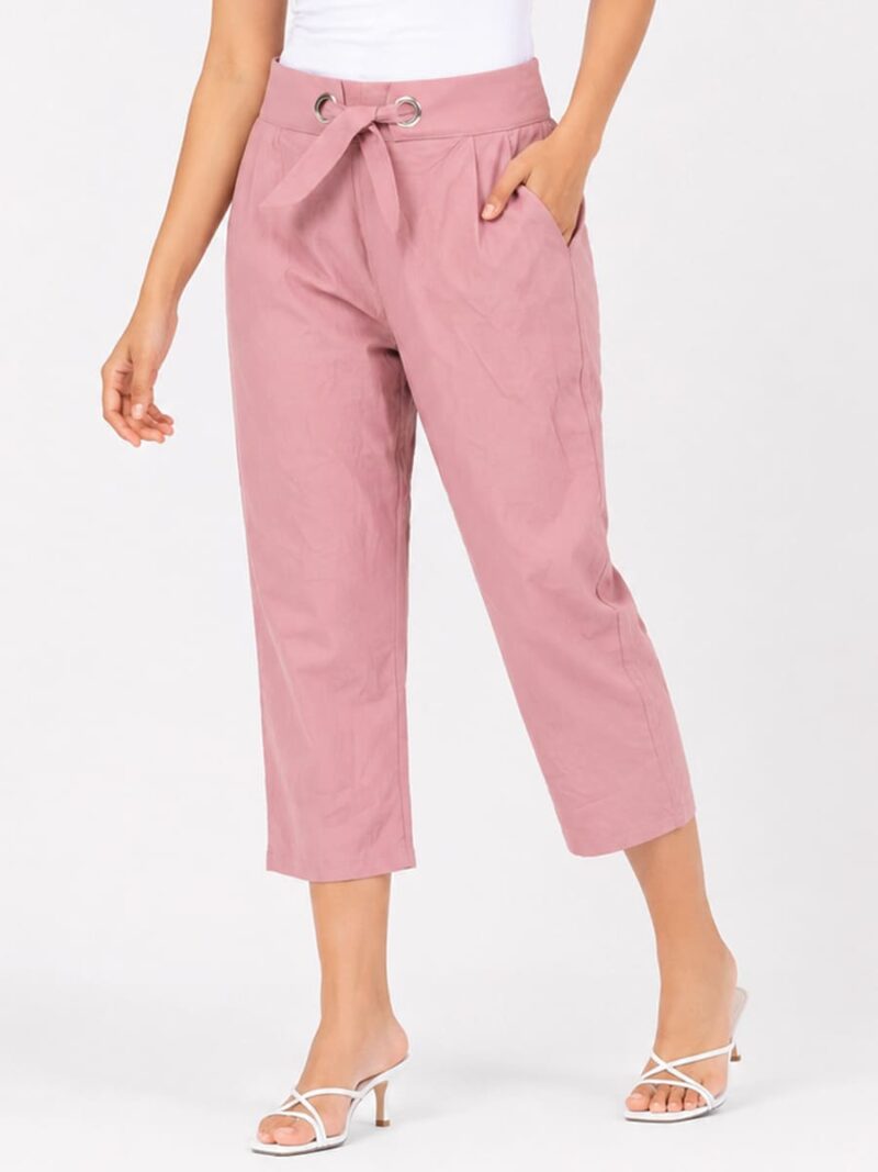 W-PN-376-02-PK-S-F Women's Cotton Blend Tie-Waist Capri Pant - Pink