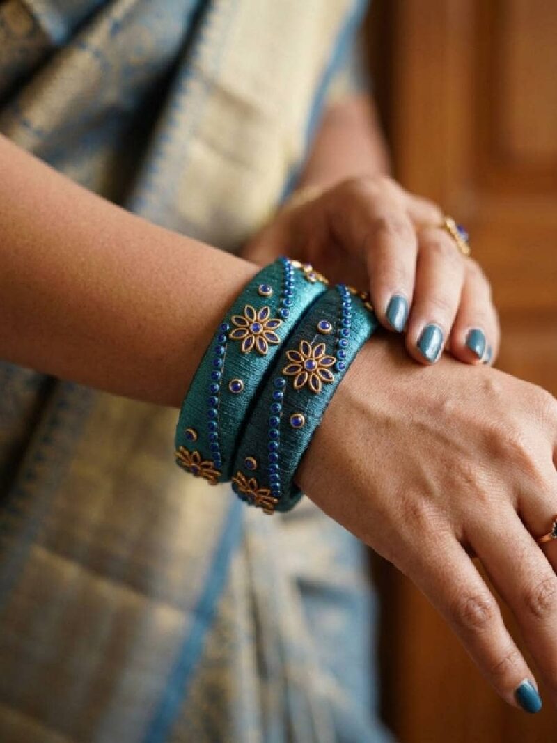 Women's Silk Thread Traditional Floral Bangles - Blue