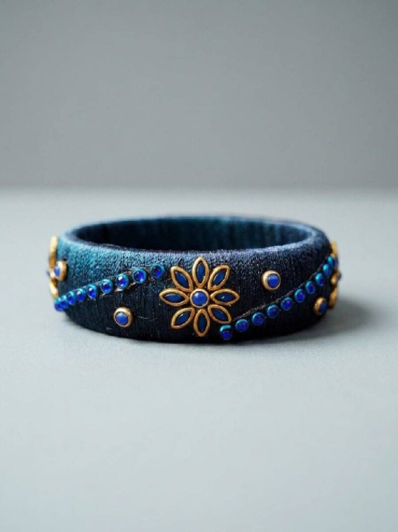 Women's Silk Thread Traditional Floral Bangles - Blue