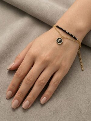 Women’s F Letter Gold Chain Bracelet with Beads - Black