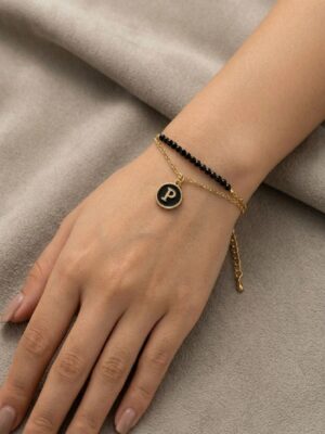 Women’s P Letter Gold Chain Bracelet with Beads - Black
