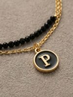 Women’s P Letter Gold Chain Bracelet with Beads - Black