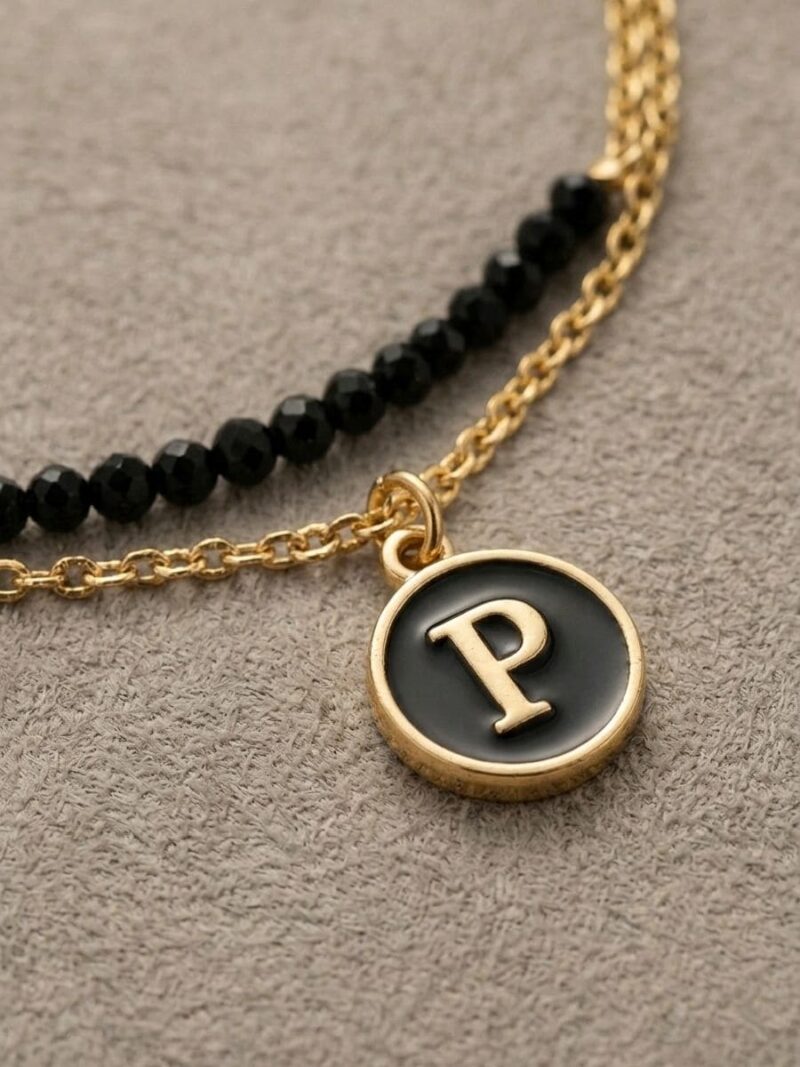 Women’s P Letter Gold Chain Bracelet with Beads - Black