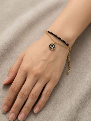 Women’s Q Letter Gold Chain Bracelet with Beads - Black
