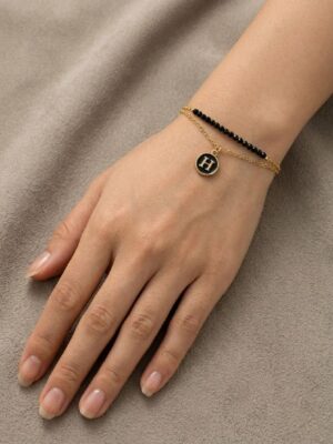 Women’s H Letter Gold Chain Bracelet with Beads - Black