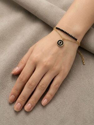 Women’s O Letter Gold Chain Bracelet with Beads - Black