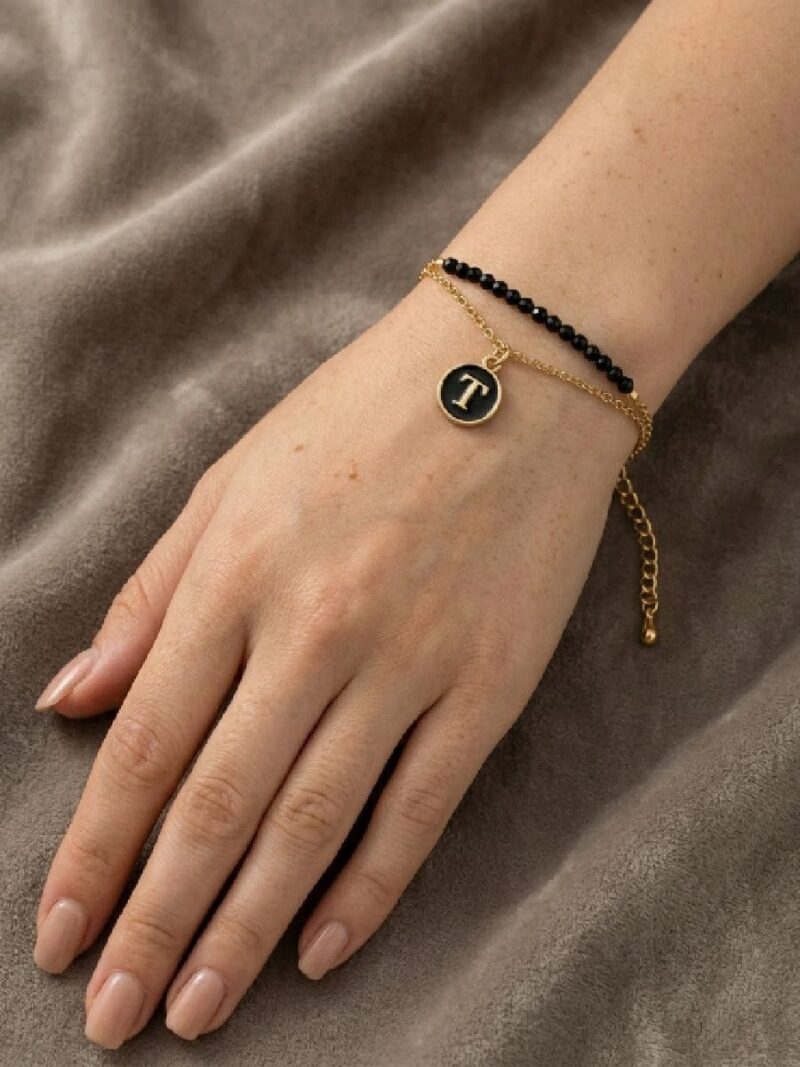 Women’s T Letter Gold Chain Bracelet with Beads - Black