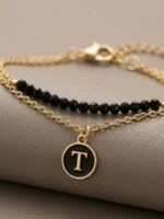 Women’s T Letter Gold Chain Bracelet with Beads - Black