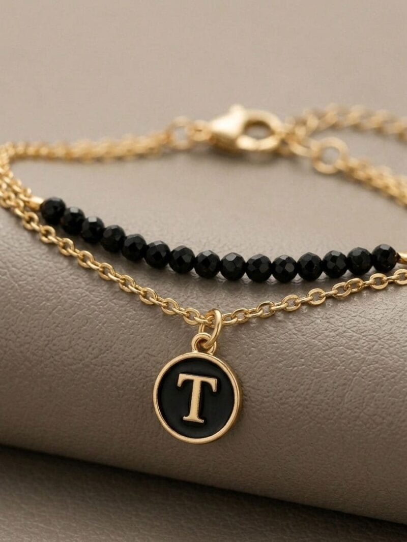 Women’s T Letter Gold Chain Bracelet with Beads - Black