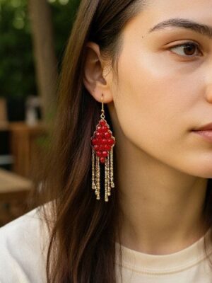 Women's Crystal Beaded Hanging Earrings - Red