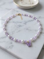 WJ-WP-NK01-PP-01 (1) Women's Pearl Crystal Princess Necklace - Purple