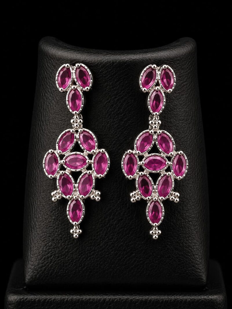 Women's Silver-Toned Ruby Pink Stone Bridal Necklace Set