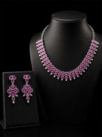 WJ-WP-SK-4-03-f Women's Silver-Toned Ruby Pink Stone Bridal Necklace Set