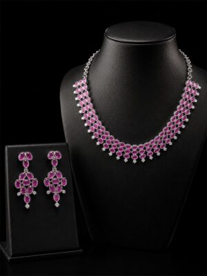 Women's Silver-Toned Ruby Pink Stone Bridal Necklace Set