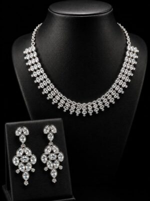 Women's Silver-Toned Crystal Stone Bridal Necklace Set