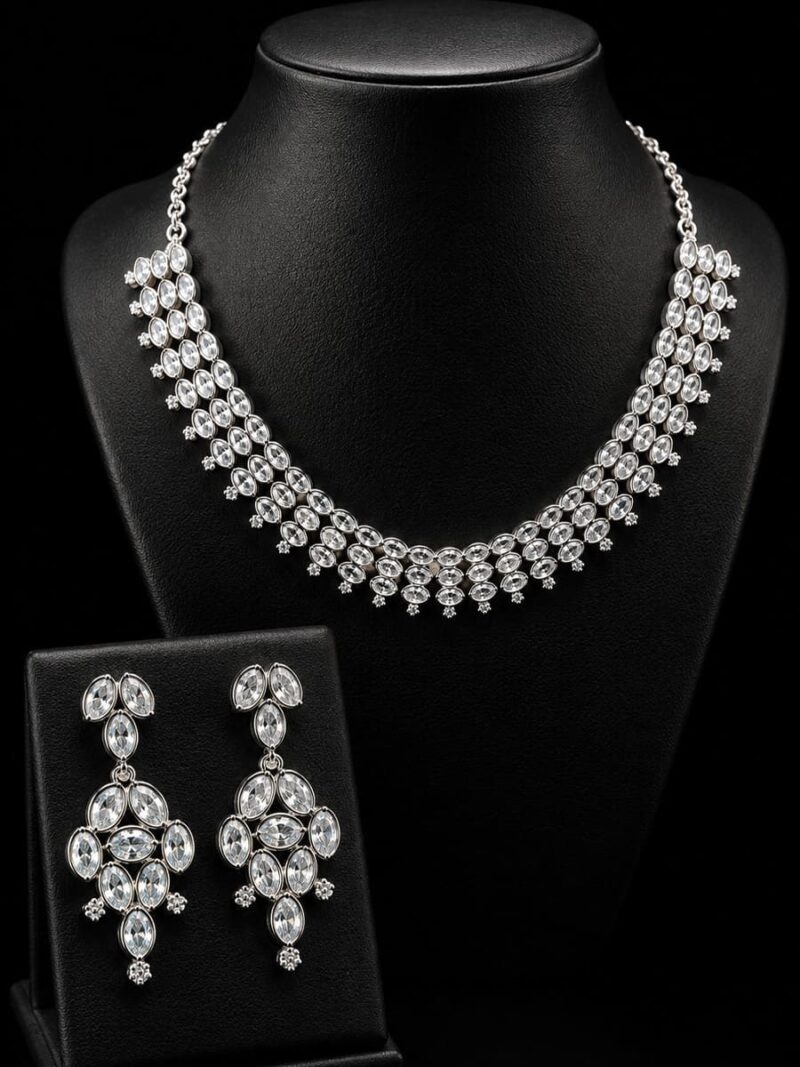 Women's Silver-Toned Crystal Stone Bridal Necklace Set