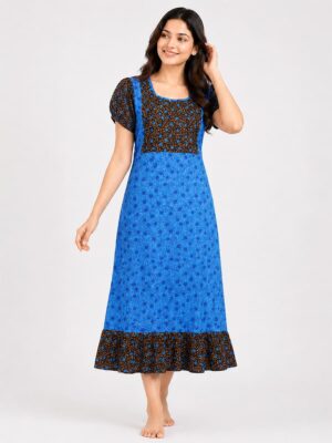 Women's Cotton Feeding Frock Nighty- Blue