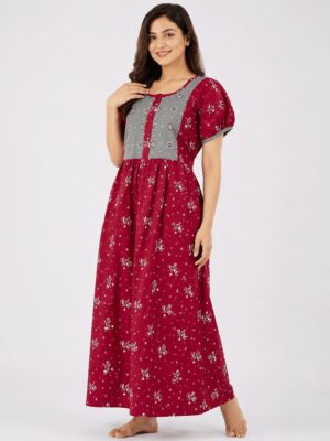 Women's Cotton Full Length Frock Nighty With Zip -Cerise