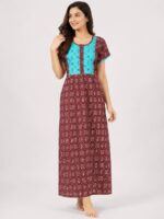 W-NY-399-10-MR-XXL-f Women's Cotton Full Length Frock Nighty With Zip - Maroon